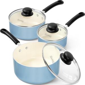 MICHELANGELO Nonstick Sauce Pan with Lid 1QT, 2QT & 3QT, Ceramic Saucepan Set, Copper Sauce pans, Non-Toxic Saucepan, Multipurpose Cooking Pots Set For Home Kitchen, Compatible induction(Blue)