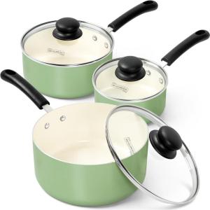 MICHELANGELO Nonstick Sauce Pan with Lid 1QT, 2QT & 3QT, Ceramic Saucepan Set, Copper Sauce pans, Non-Toxic Saucepan, Multipurpose Cooking Pots Set For Home Kitchen, Compatible induction(Green)