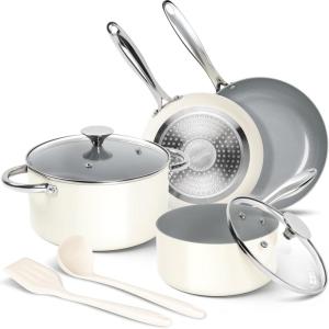 MICHELANGELO Pots and Pans Set Non Stick – Titanium Cookware Set Non Toxic Ceramic Coating, 8-Pcs Nonstick Pots and Pans with Ergonomic Handle, Dishwasher Safe & Induction Compatible, Blue(Ceramic Cookware Cream)