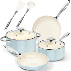 MICHELANGELO Pots and Pans Set Non Stick Ceramic Cookware Set, 8-Piece Nonstick Pots and Pans, Non-Toxic, Oven Safe & Compatible with All Stovetops – Blue(Blue)