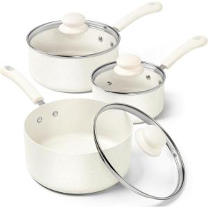 MICHELANGELO Sauce Pan With Lid, Granite Nonstick Saucepans Set, 1QT&2QT&3QT Saucepan With Lid, Multipurpose Cooking Pots, White(White)