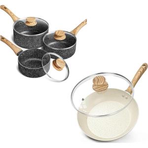 MICHELANGELO Sauce Pan with Lid 1QT+2QT+3QT, 8 Inch Frying Pan with Nonstick Granite Coatings