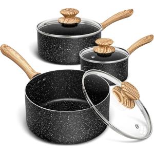 MICHELANGELO Saucepan Set, Nonstick Sauce Pans with Granite Coatings, Stone Sauce Pan with Lids, Non Stick Pot Sets, Sauce Pots 3 Piece, 1Qt, 2Qt & 3Qt(Black)