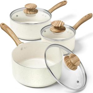 MICHELANGELO Saucepan Set, Nonstick Sauce Pans with Granite Coatings, Stone Sauce Pan with Lids, Non Stick Pot Sets, Sauce Pots 3 Piece, 1Qt, 2Qt & 3Qt(White)