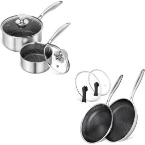 MICHELANGELO Stainless Steel Saucepan Set 1QT & 2QT, 9.5 & 11 Inch Frying Pans