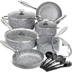 MICHELANGELO Stone Cookware Set 10 Piece, Ultra Nonstick Pots and Pans Set with Stone-Derived Coating, Kitchen Cookware Sets, Stone Cookware Sets, Granite Pots and Pans – 10 Piece(Grey 15 Piece)