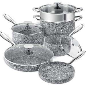 MICHELANGELO Stone Cookware Set 10 Piece, Ultra Nonstick Pots and Pans Set with Stone-Derived Coating, Kitchen Cookware Sets, Stone Cookware Sets, Granite Pots and Pans – 10 Piece(Classic 10 Piece)