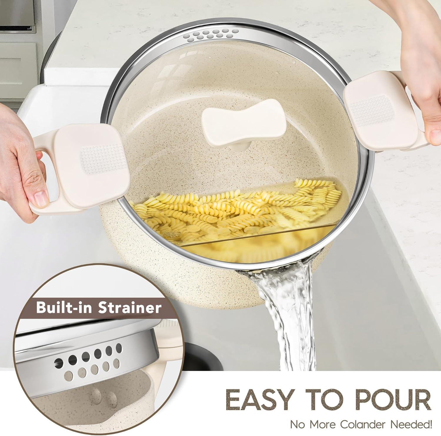 image:imageMICHELANGELO Pasta Pot with Strainer Lid 6 Quart Cooking Pot with Lid Non Stick Spaghetti Pot Ceramic Coated with Twist and Lock Handles for Easy Draining Induction Compatible Roden GreenWhite
