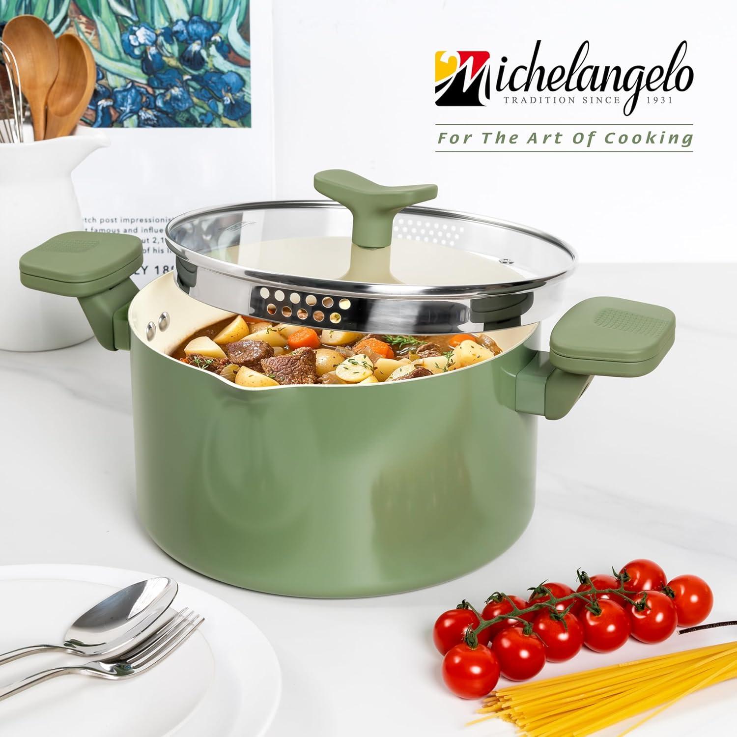 image:imageMICHELANGELO Pasta Pot with Strainer Lid 6 Quart Cooking Pot with Lid Non Stick Spaghetti Pot Ceramic Coated with Twist and Lock Handles for Easy Draining Induction Compatible Roden GreenRoden Green