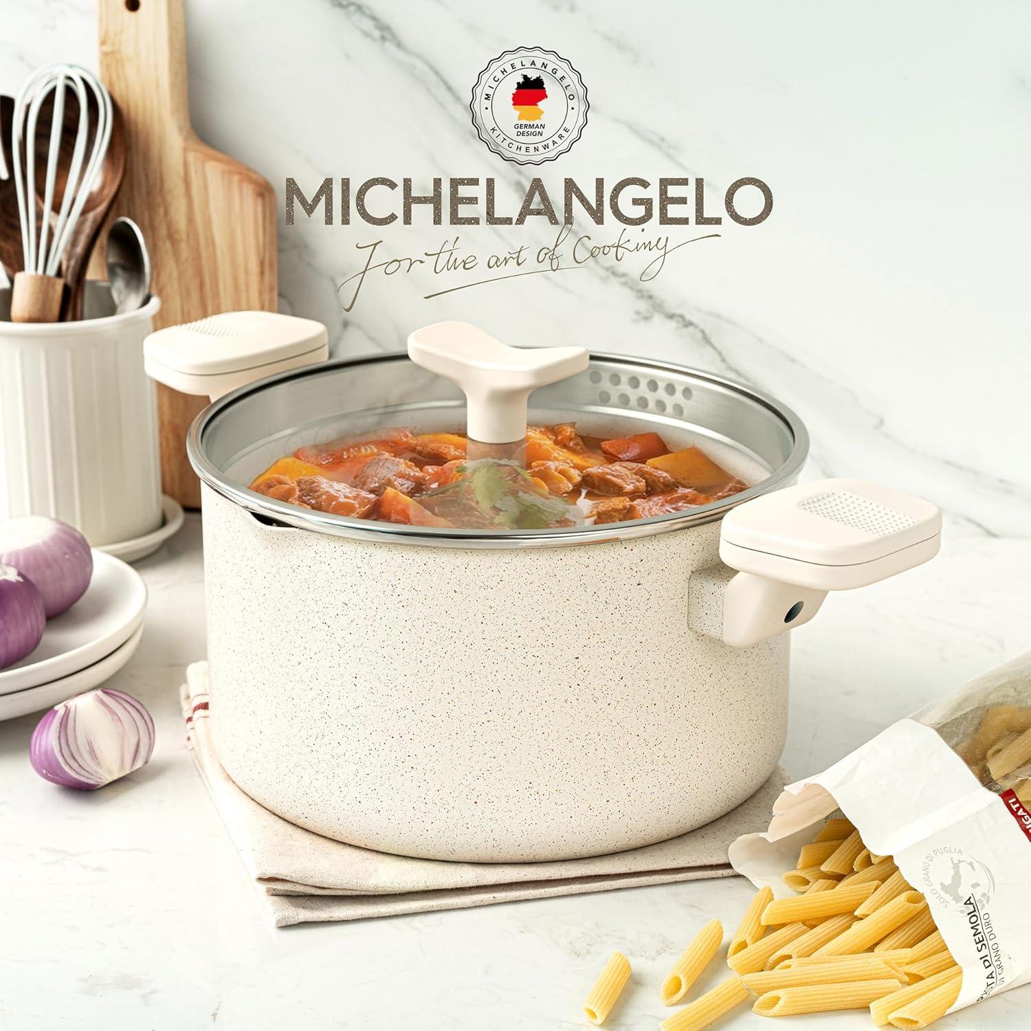 image:imageMICHELANGELO Pasta Pot with Strainer Lid 6 Quart Cooking Pot with Lid Non Stick Spaghetti Pot Ceramic Coated with Twist and Lock Handles for Easy Draining Induction Compatible Roden GreenWhite