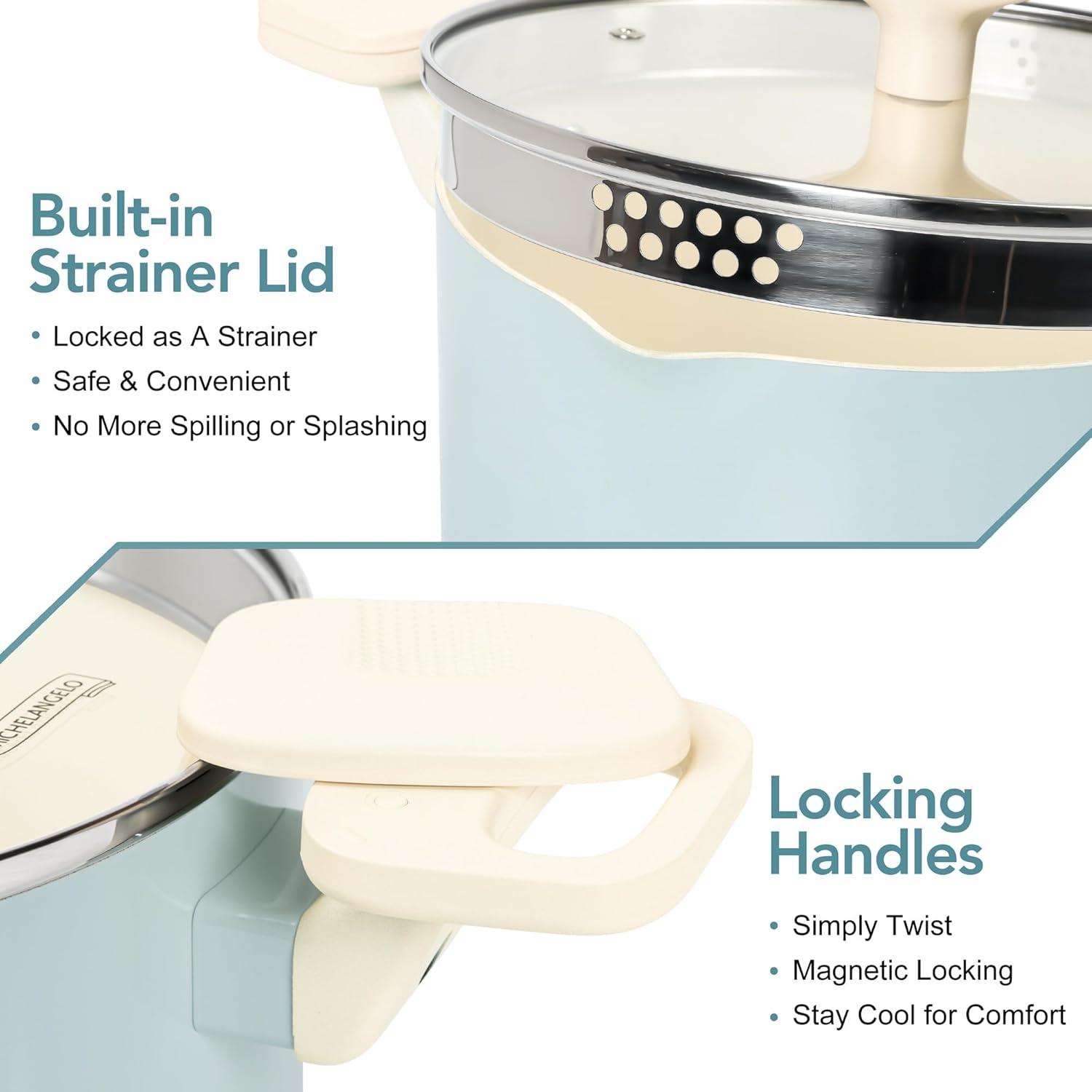 image:imageMICHELANGELO Pasta Pot with Strainer Lid 6 Quart Cooking Pot with Lid Non Stick Spaghetti Pot Ceramic Coated with Twist and Lock Handles for Easy Draining Induction Compatible Roden GreenSoft Aqua