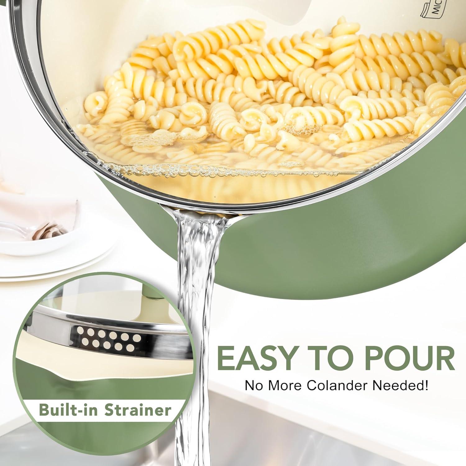 image:imageMICHELANGELO Pasta Pot with Strainer Lid 6 Quart Cooking Pot with Lid Non Stick Spaghetti Pot Ceramic Coated with Twist and Lock Handles for Easy Draining Induction Compatible Roden GreenRoden Green