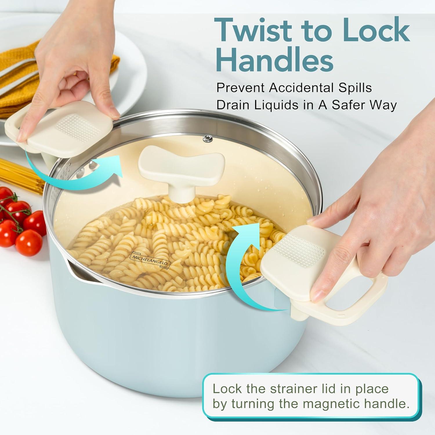 image:imageMICHELANGELO Pasta Pot with Strainer Lid 6 Quart Cooking Pot with Lid Non Stick Spaghetti Pot Ceramic Coated with Twist and Lock Handles for Easy Draining Induction Compatible Roden GreenSoft Aqua