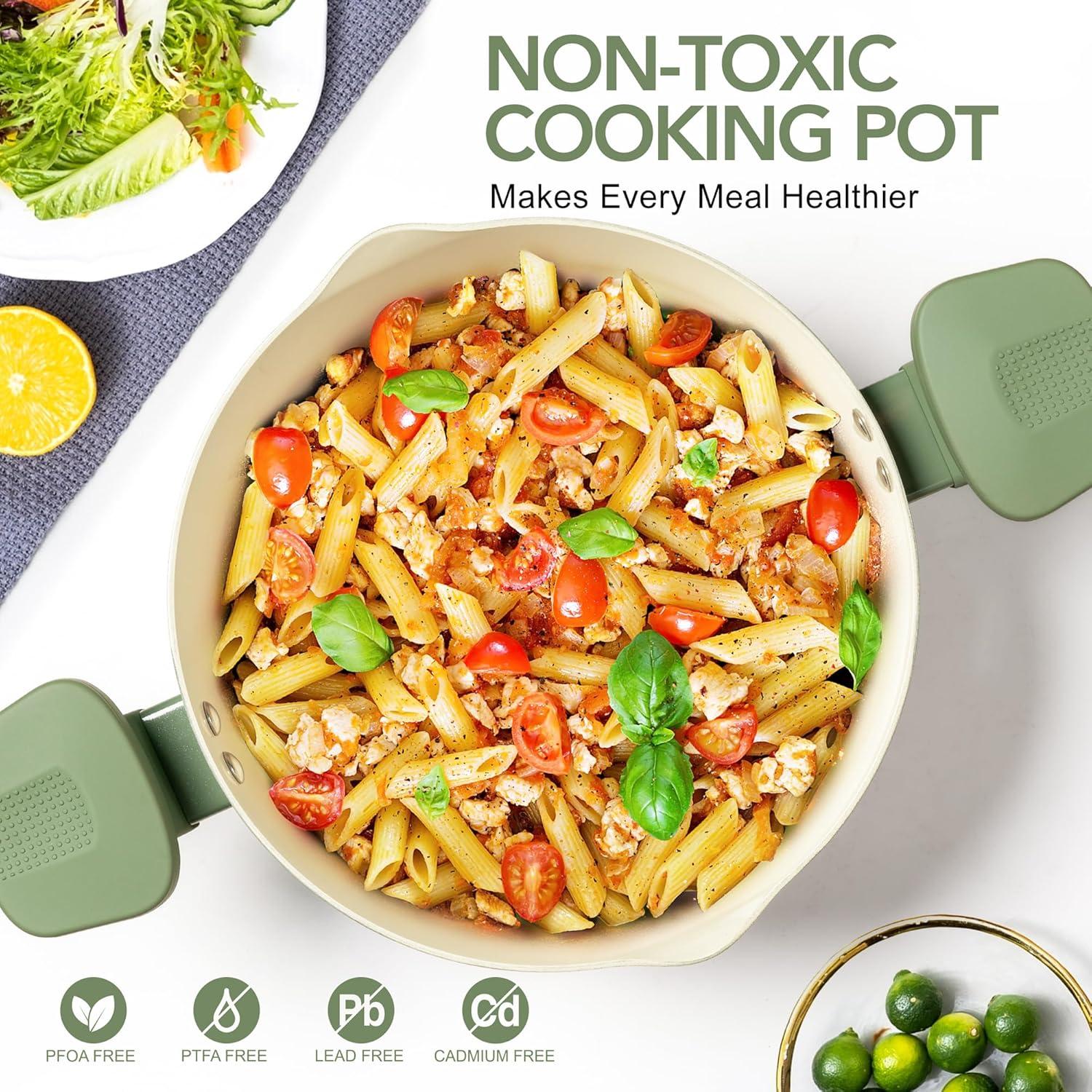 image:imageMICHELANGELO Pasta Pot with Strainer Lid 6 Quart Cooking Pot with Lid Non Stick Spaghetti Pot Ceramic Coated with Twist and Lock Handles for Easy Draining Induction Compatible Roden GreenRoden Green