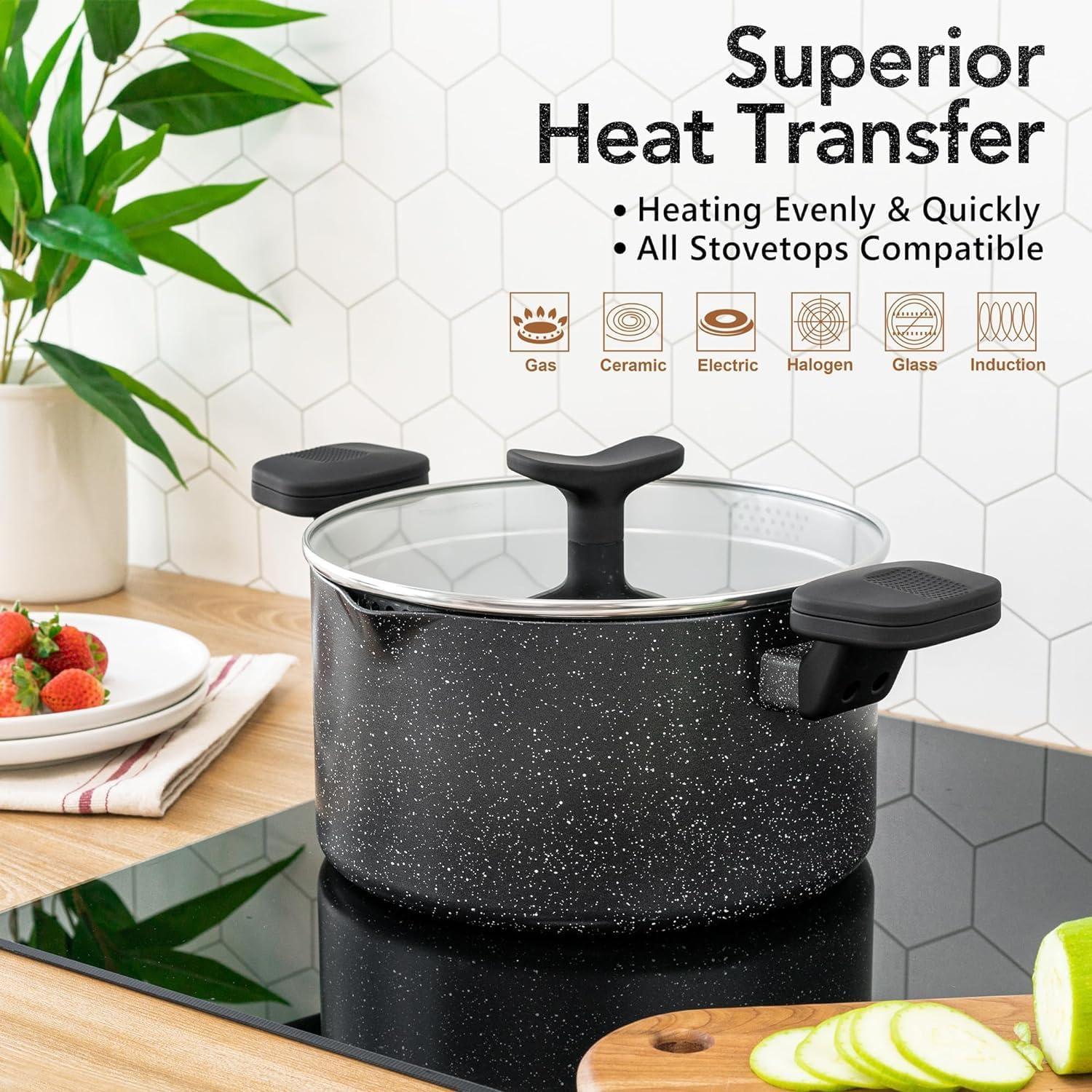 image:imageMICHELANGELO Pasta Pot with Strainer Lid 6 Quart Cooking Pot with Lid Non Stick Spaghetti Pot Ceramic Coated with Twist and Lock Handles for Easy Draining Induction Compatible Roden GreenBlack