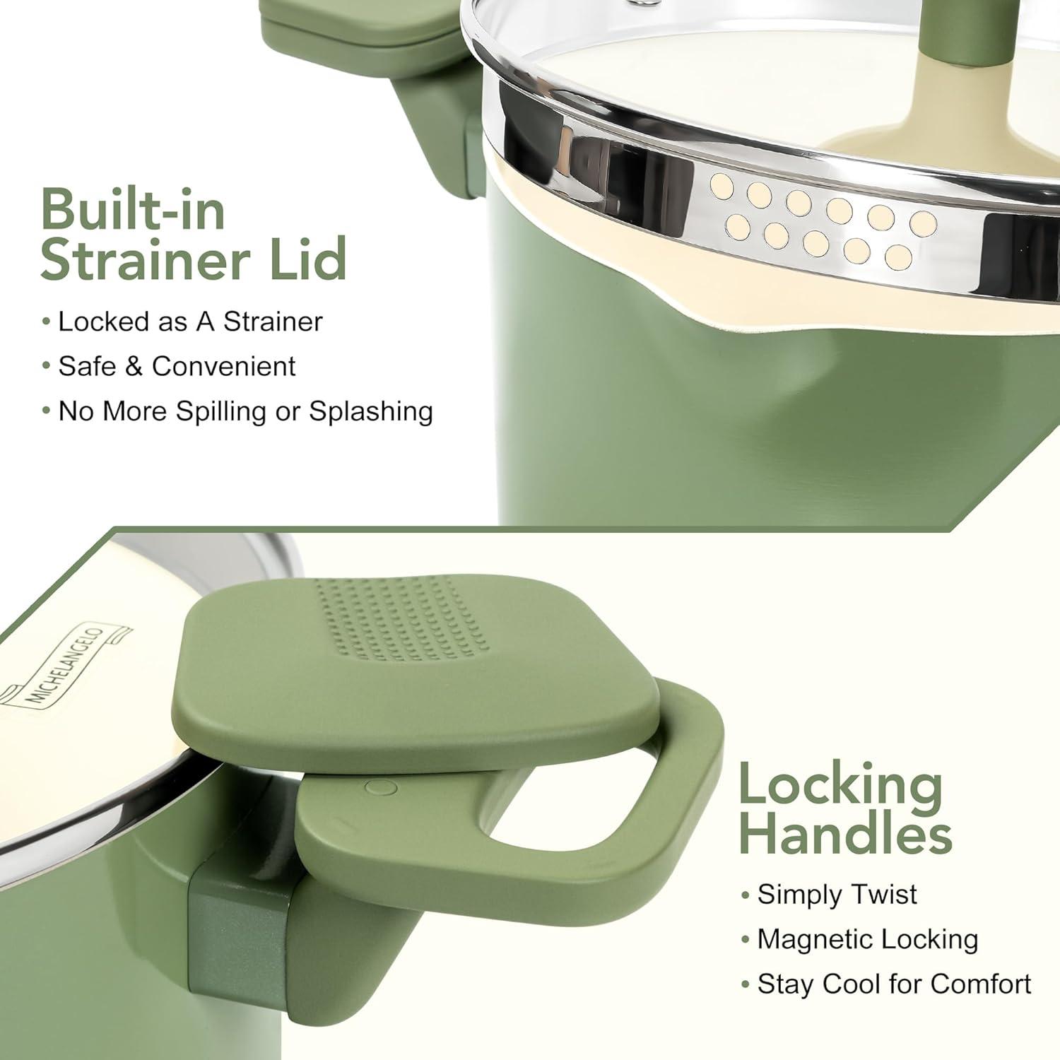 image:imageMICHELANGELO Pasta Pot with Strainer Lid 6 Quart Cooking Pot with Lid Non Stick Spaghetti Pot Ceramic Coated with Twist and Lock Handles for Easy Draining Induction Compatible Roden GreenRoden Green