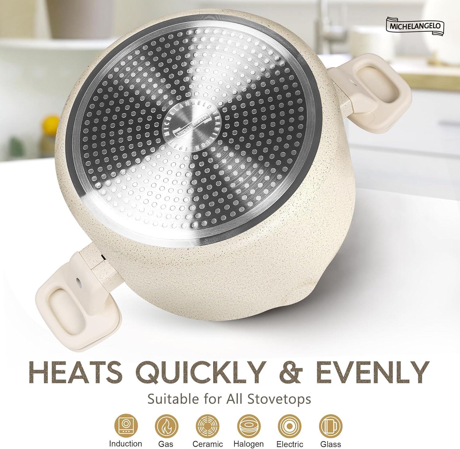 image:imageMICHELANGELO Pasta Pot with Strainer Lid 6 Quart Cooking Pot with Lid Non Stick Spaghetti Pot Ceramic Coated with Twist and Lock Handles for Easy Draining Induction Compatible Roden GreenWhite