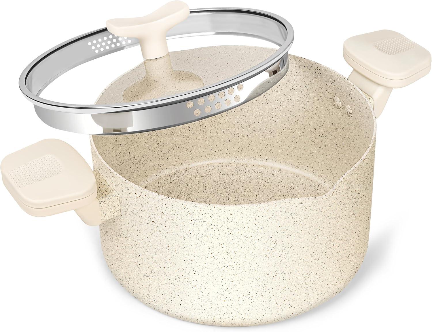image:imageMICHELANGELO Pasta Pot with Strainer Lid 6 Quart Cooking Pot with Lid Non Stick Spaghetti Pot Ceramic Coated with Twist and Lock Handles for Easy Draining Induction Compatible Roden GreenWhite