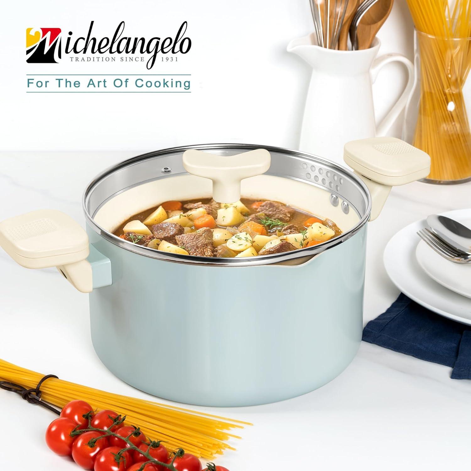 image:imageMICHELANGELO Pasta Pot with Strainer Lid 6 Quart Cooking Pot with Lid Non Stick Spaghetti Pot Ceramic Coated with Twist and Lock Handles for Easy Draining Induction Compatible Roden GreenSoft Aqua