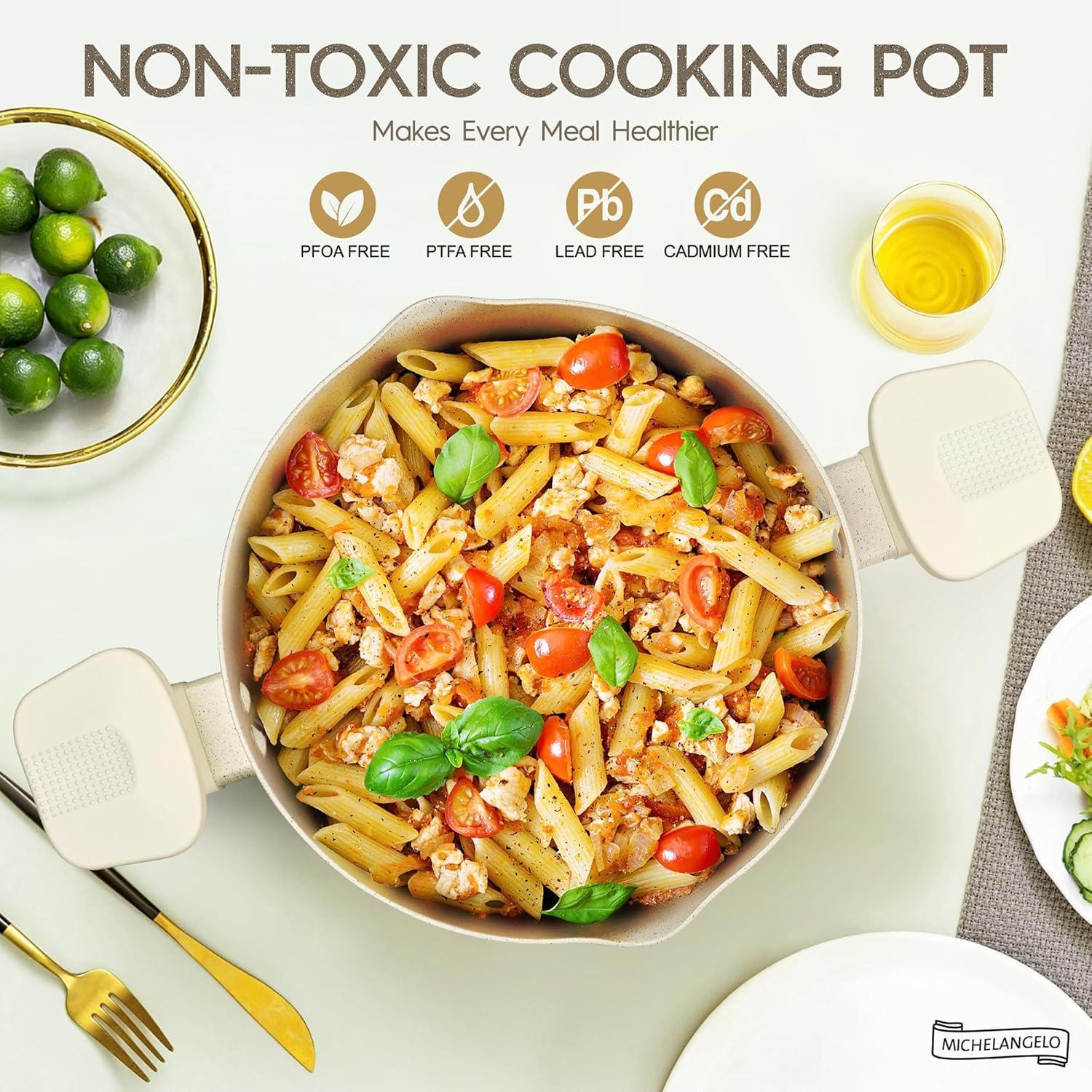 image:imageMICHELANGELO Pasta Pot with Strainer Lid 6 Quart Cooking Pot with Lid Non Stick Spaghetti Pot Ceramic Coated with Twist and Lock Handles for Easy Draining Induction Compatible Roden GreenWhite