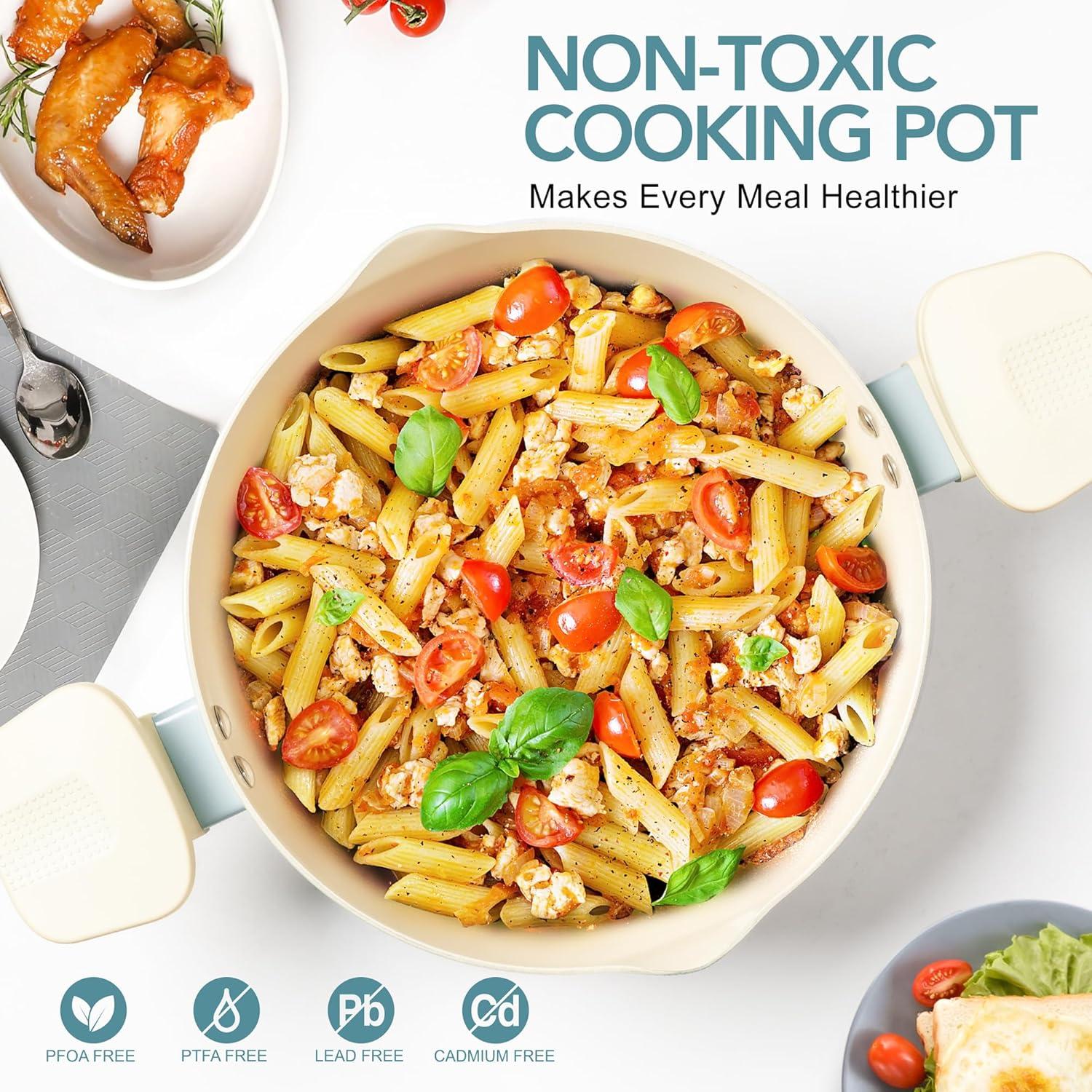 image:imageMICHELANGELO Pasta Pot with Strainer Lid 6 Quart Cooking Pot with Lid Non Stick Spaghetti Pot Ceramic Coated with Twist and Lock Handles for Easy Draining Induction Compatible Roden GreenSoft Aqua