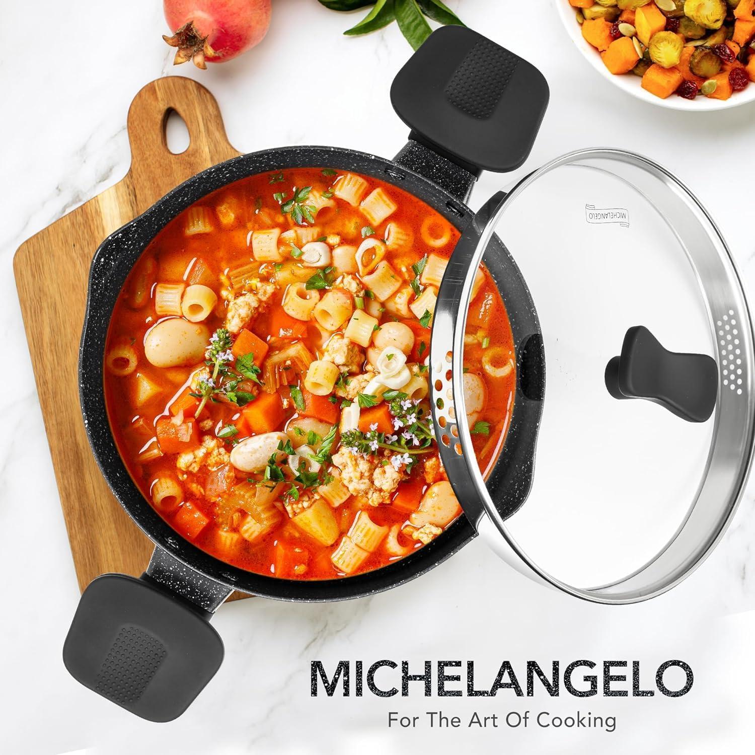 image:imageMICHELANGELO Pasta Pot with Strainer Lid 6 Quart Cooking Pot with Lid Non Stick Spaghetti Pot Ceramic Coated with Twist and Lock Handles for Easy Draining Induction Compatible Roden GreenBlack