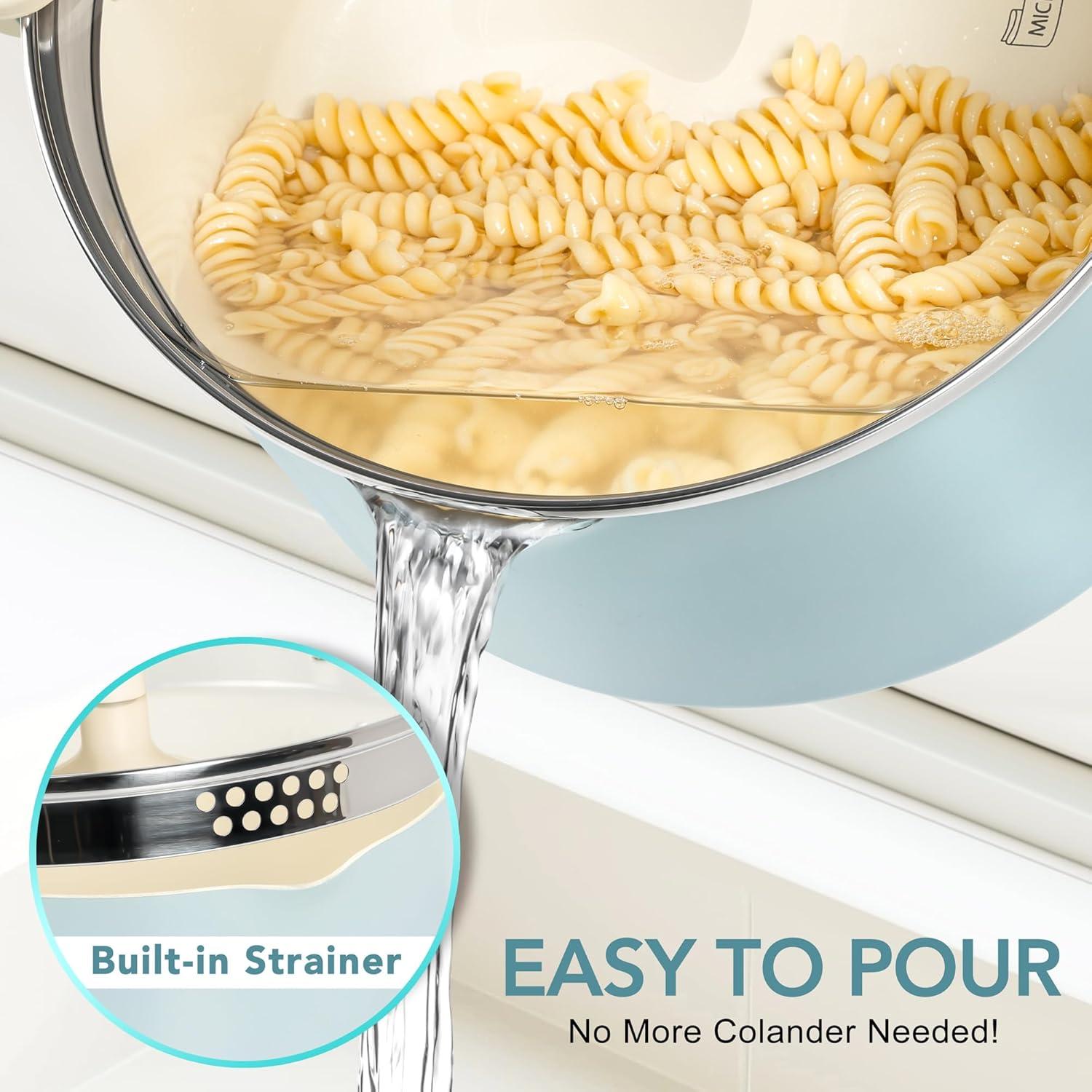 image:imageMICHELANGELO Pasta Pot with Strainer Lid 6 Quart Cooking Pot with Lid Non Stick Spaghetti Pot Ceramic Coated with Twist and Lock Handles for Easy Draining Induction Compatible Roden GreenSoft Aqua