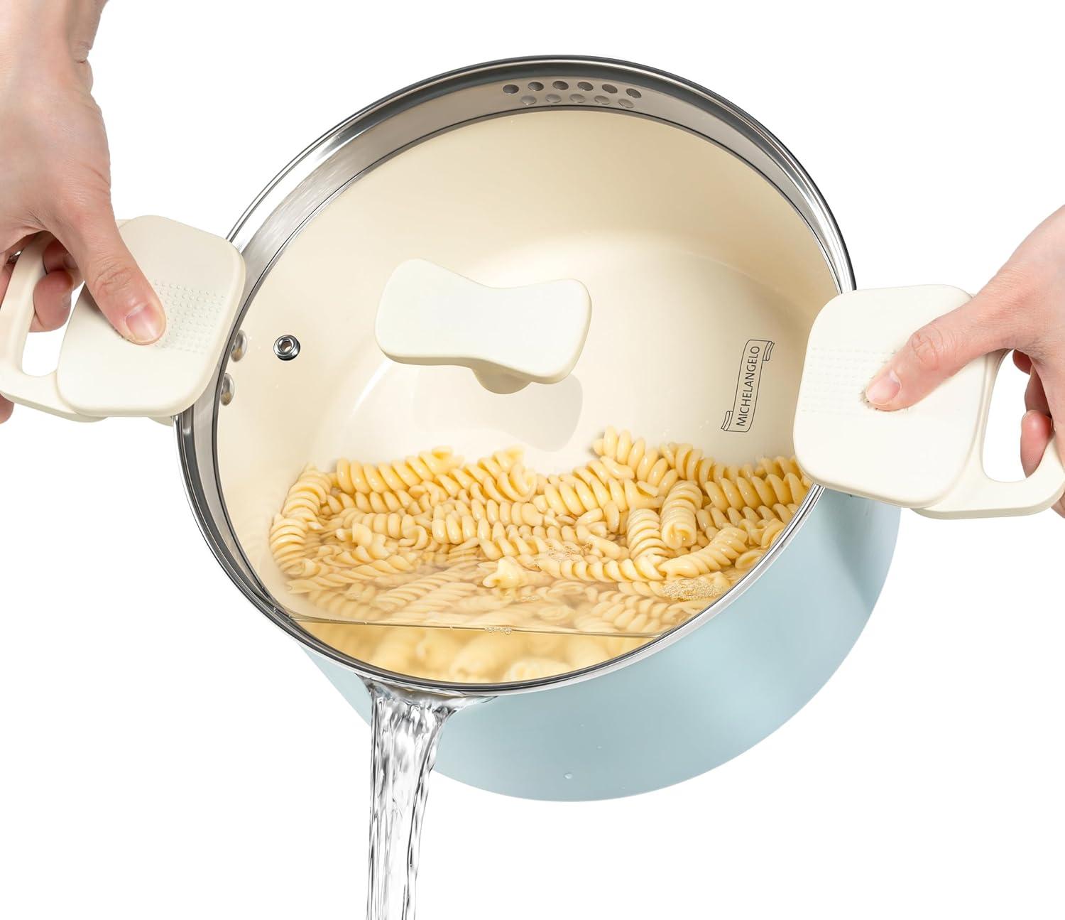 image:imageMICHELANGELO Pasta Pot with Strainer Lid 6 Quart Cooking Pot with Lid Non Stick Spaghetti Pot Ceramic Coated with Twist and Lock Handles for Easy Draining Induction Compatible Roden GreenSoft Aqua