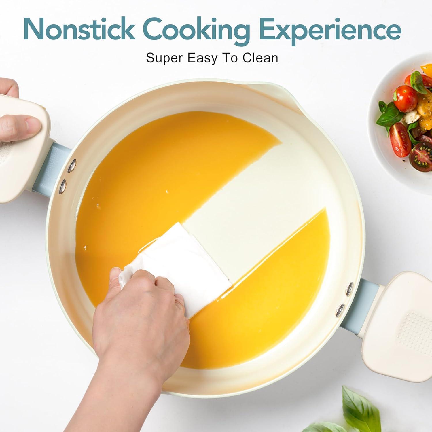 image:imageMICHELANGELO Pasta Pot with Strainer Lid 6 Quart Cooking Pot with Lid Non Stick Spaghetti Pot Ceramic Coated with Twist and Lock Handles for Easy Draining Induction Compatible Roden GreenSoft Aqua