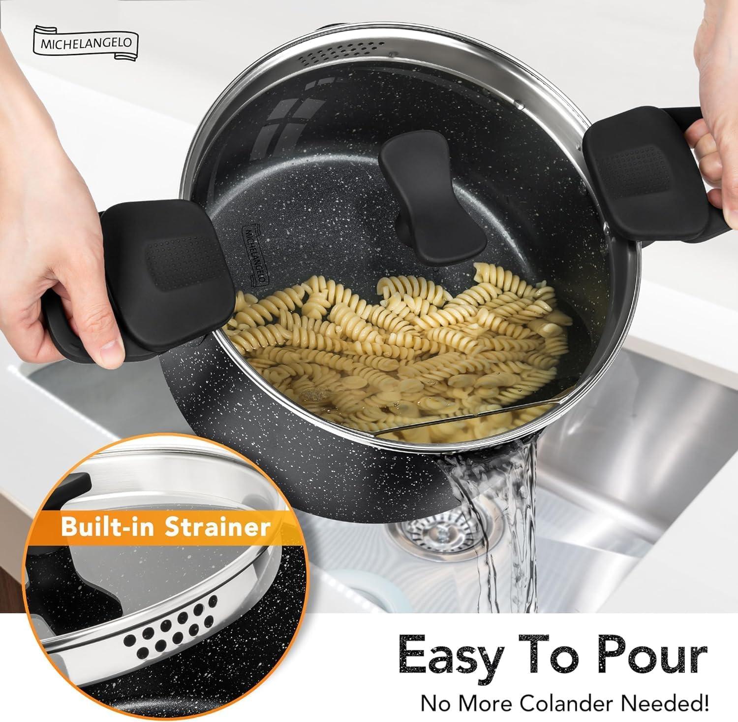image:imageMICHELANGELO Pasta Pot with Strainer Lid 6 Quart Cooking Pot with Lid Non Stick Spaghetti Pot Ceramic Coated with Twist and Lock Handles for Easy Draining Induction Compatible Roden GreenBlack