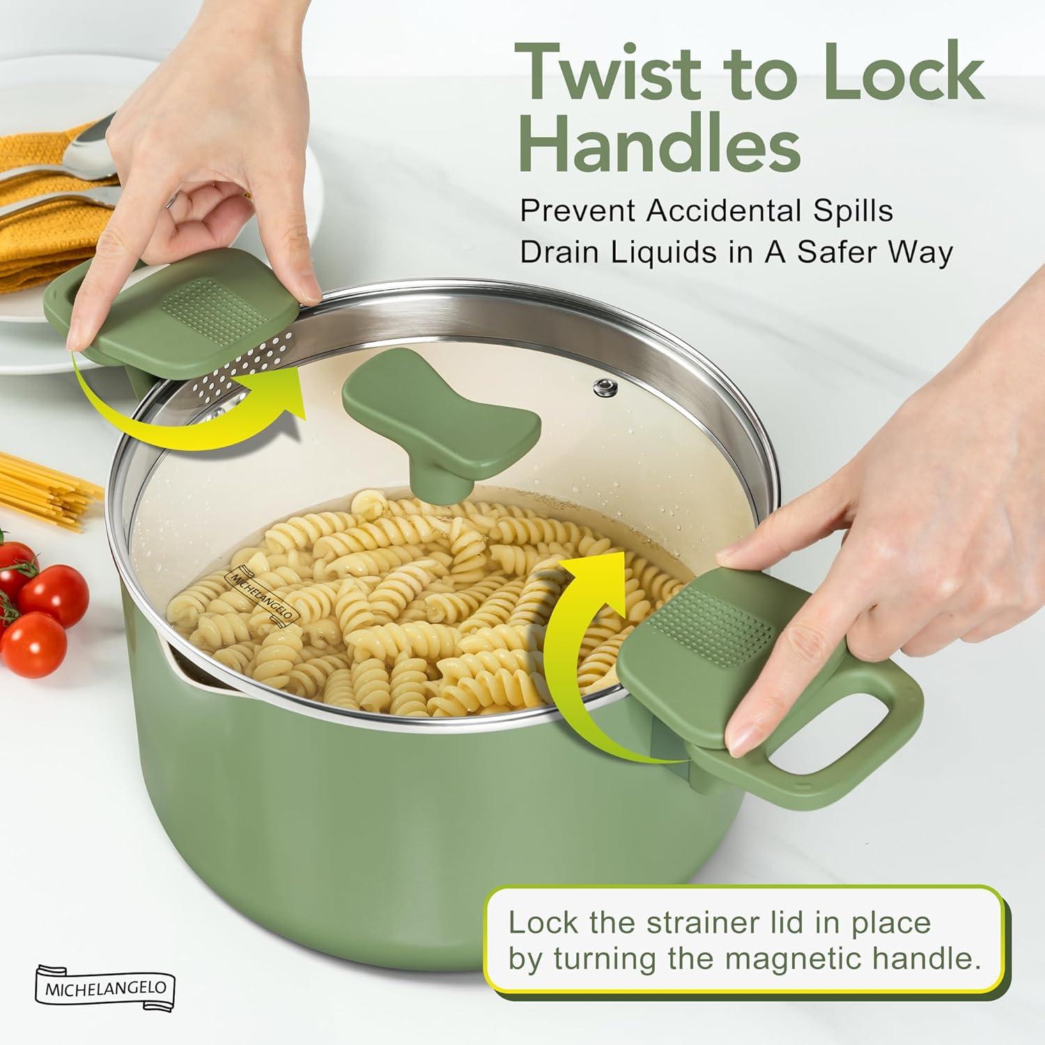 image:imageMICHELANGELO Pasta Pot with Strainer Lid 6 Quart Cooking Pot with Lid Non Stick Spaghetti Pot Ceramic Coated with Twist and Lock Handles for Easy Draining Induction Compatible Roden GreenRoden Green