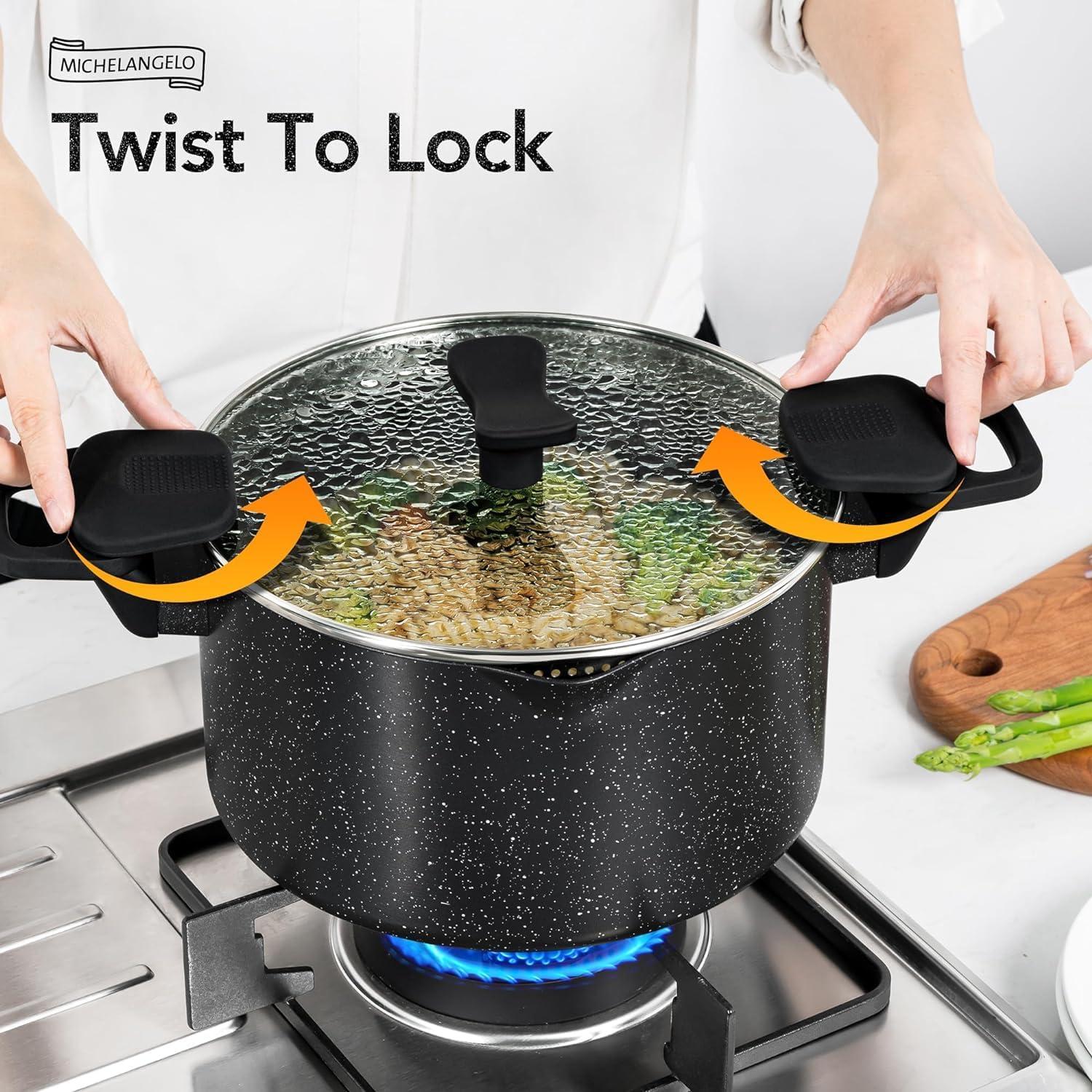 image:imageMICHELANGELO Pasta Pot with Strainer Lid 6 Quart Cooking Pot with Lid Non Stick Spaghetti Pot Ceramic Coated with Twist and Lock Handles for Easy Draining Induction Compatible Roden GreenBlack