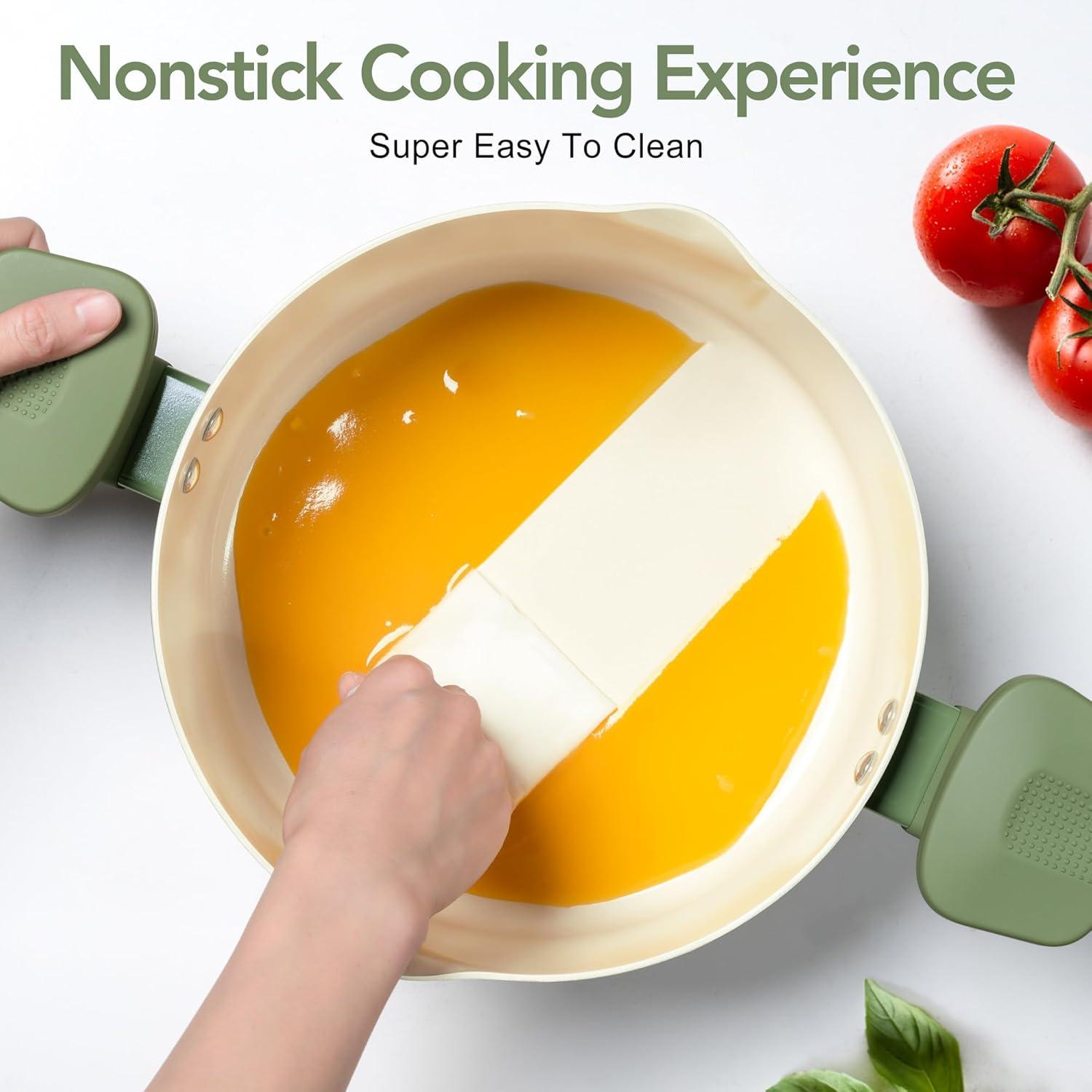 image:imageMICHELANGELO Pasta Pot with Strainer Lid 6 Quart Cooking Pot with Lid Non Stick Spaghetti Pot Ceramic Coated with Twist and Lock Handles for Easy Draining Induction Compatible Roden GreenRoden Green