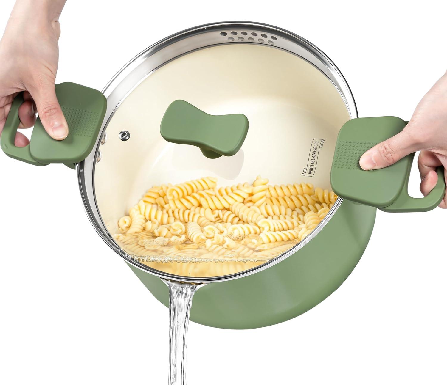 image:imageMICHELANGELO Pasta Pot with Strainer Lid 6 Quart Cooking Pot with Lid Non Stick Spaghetti Pot Ceramic Coated with Twist and Lock Handles for Easy Draining Induction Compatible Roden GreenRoden Green