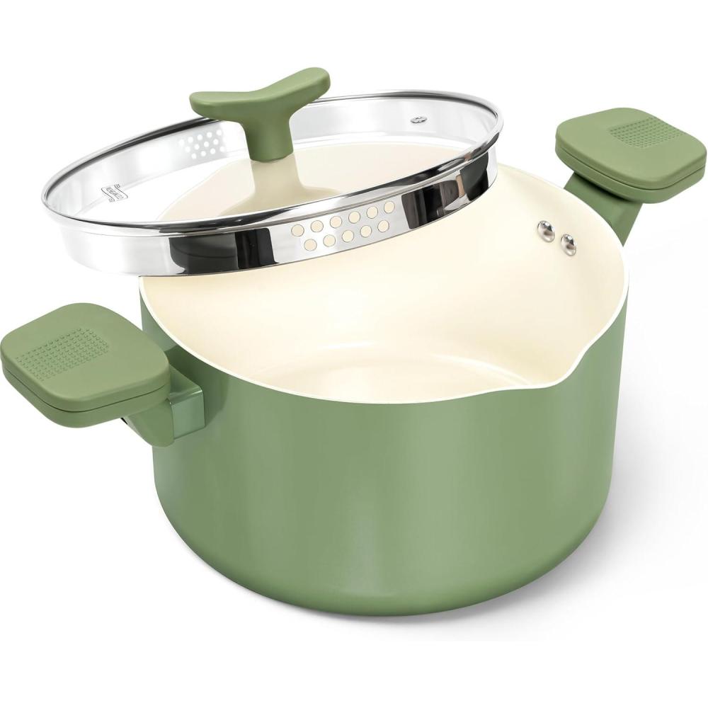 image:imageMICHELANGELO Pasta Pot with Strainer Lid 6 Quart Cooking Pot with Lid Non Stick Spaghetti Pot Ceramic Coated with Twist and Lock Handles for Easy Draining Induction Compatible Roden GreenRoden Green