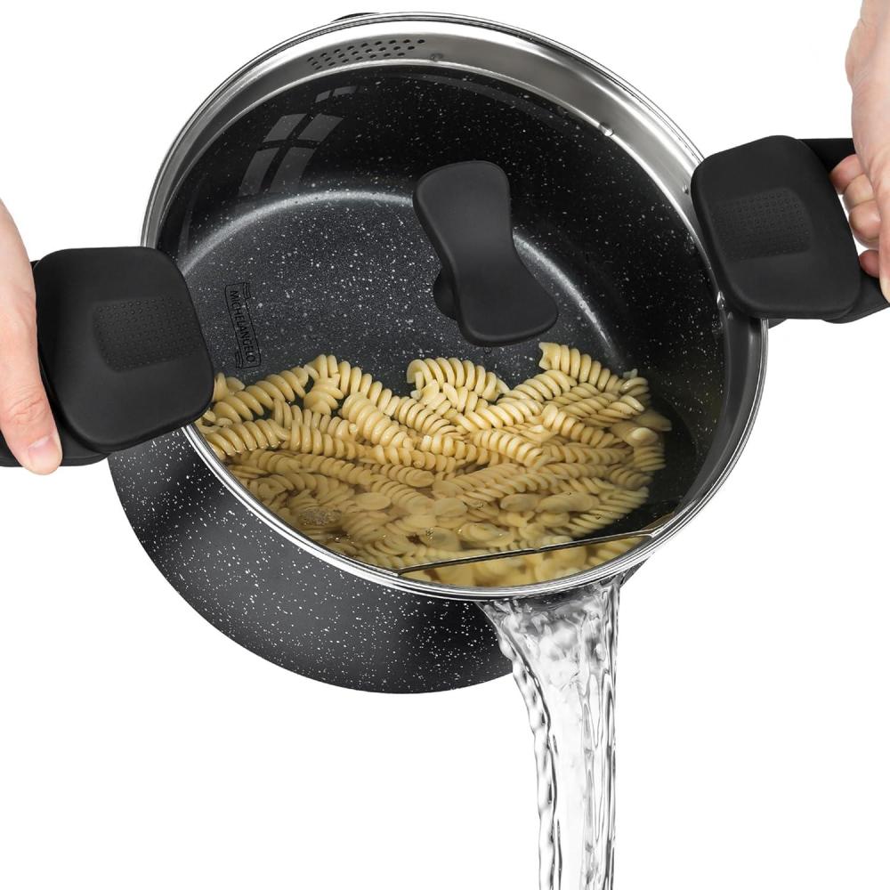 image:imageMICHELANGELO Pasta Pot with Strainer Lid 6 Quart Cooking Pot with Lid Non Stick Spaghetti Pot Ceramic Coated with Twist and Lock Handles for Easy Draining Induction Compatible Roden GreenBlack