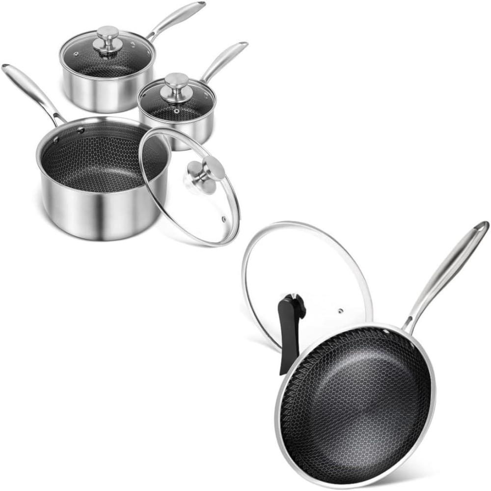 image:imageMICHELANGELO Stainless Steel Saucepan Set 1QT amp 2QT amp 3QT 12 Inch Frying Pan with Nonstick Honeycomb Coating
