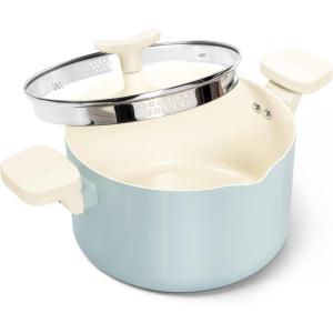 MICHELANGELO Pasta Pot with Strainer Lid – 6 Quart Cooking Pot with Lid, Non Stick Spaghetti Pot Ceramic Coated with Twist and Lock Handles for Easy Draining, Induction Compatible, Roden Green(Soft Aqua)