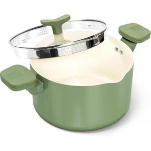 MICHELANGELO Pasta Pot with Strainer Lid – 6 Quart Cooking Pot with Lid, Non Stick Spaghetti Pot Ceramic Coated with Twist and Lock Handles for Easy Draining, Induction Compatible, Roden Green(Roden Green)