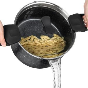 MICHELANGELO Pasta Pot with Strainer Lid – 6 Quart Cooking Pot with Lid, Non Stick Spaghetti Pot Ceramic Coated with Twist and Lock Handles for Easy Draining, Induction Compatible, Roden Green(Black)