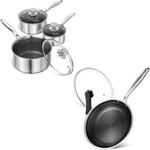 MICHELANGELO Stainless Steel Saucepan Set 1QT & 2QT & 3QT, 12 Inch Frying Pan with Nonstick Honeycomb Coating