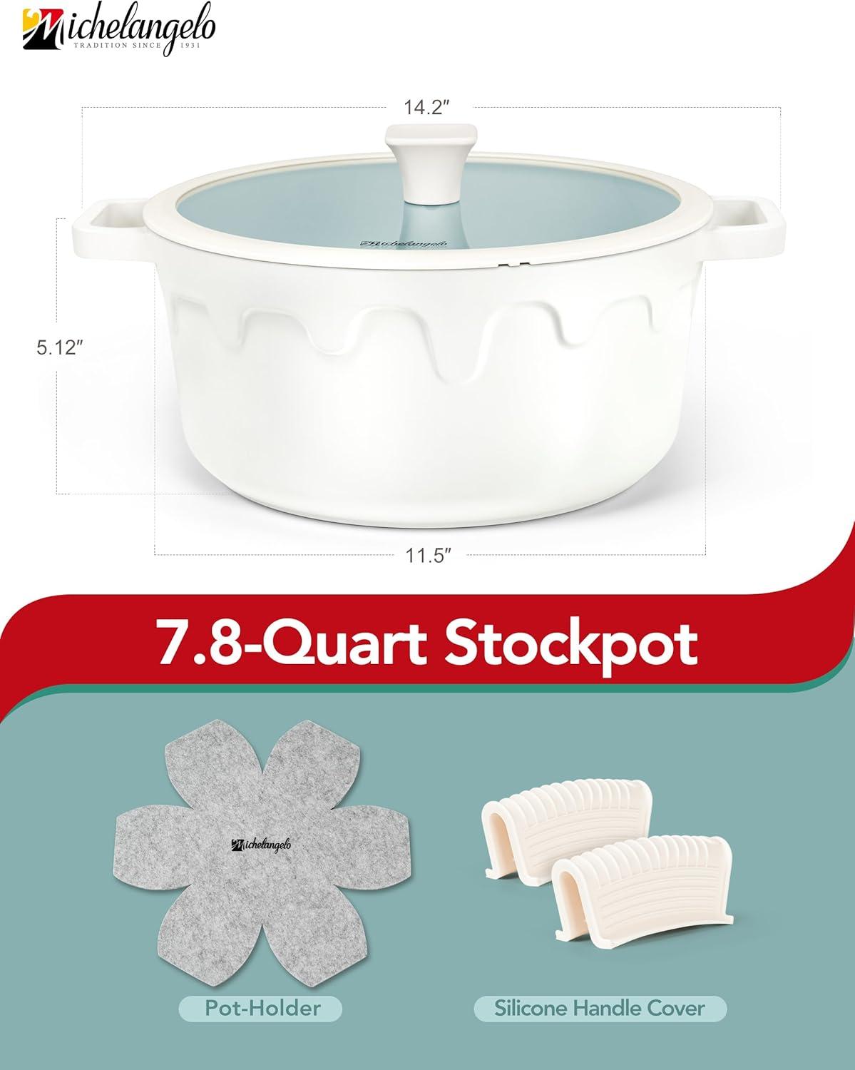 image:imageMICHELANGELO Ceramic Stock Pot with Lid Nonstick Soup Pot for Induction Cooktop 8Quart Non Stick Cooking Pots with Silicone Handle Covers amp PotHolder GreyWhite