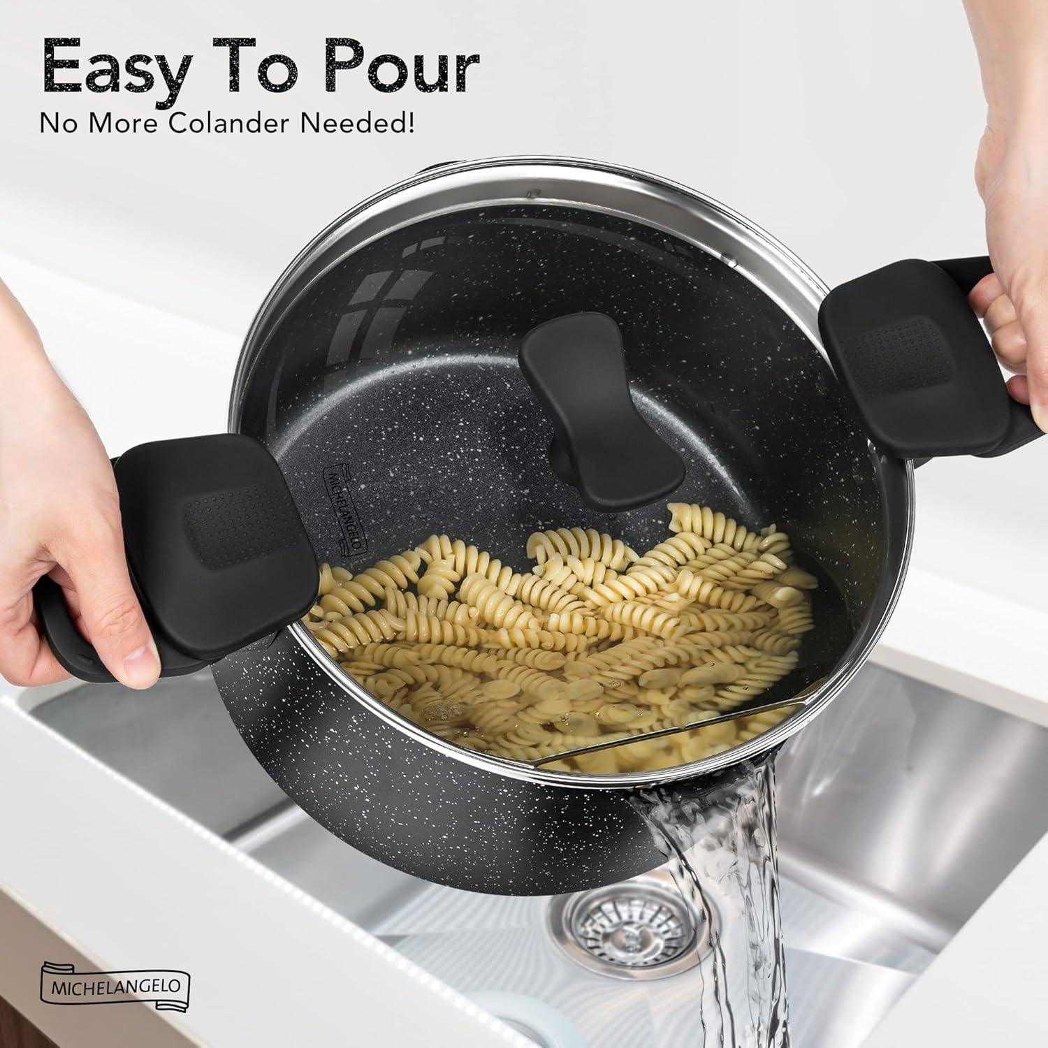 image:imageMICHELANGELO Stock Pot with Lid 6 Quart Cooking Pot Nonstick Soup Pot with Twist and Lock Handles Aluminum Pasta Pot with Granite Coating Induction Compatible Black