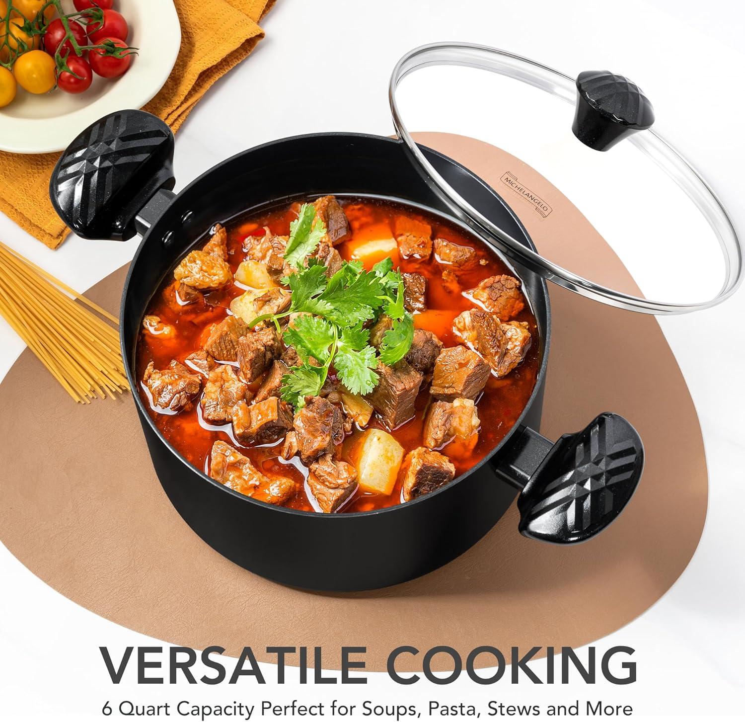 image:imageMICHELANGELO Stock Pot with Lid 6 Quart Soup Pot with Lid Nonstick Ceramic Cooking Pot with StayCool Handle Induction Compatible 6QT BlackBlack
