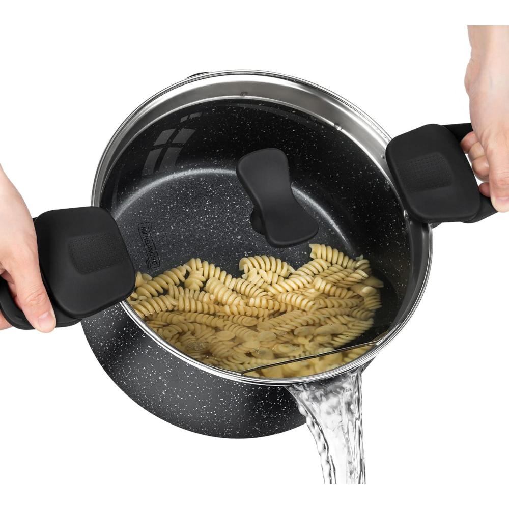 image:imageMICHELANGELO Stock Pot with Lid 6 Quart Cooking Pot Nonstick Soup Pot with Twist and Lock Handles Aluminum Pasta Pot with Granite Coating Induction Compatible Black