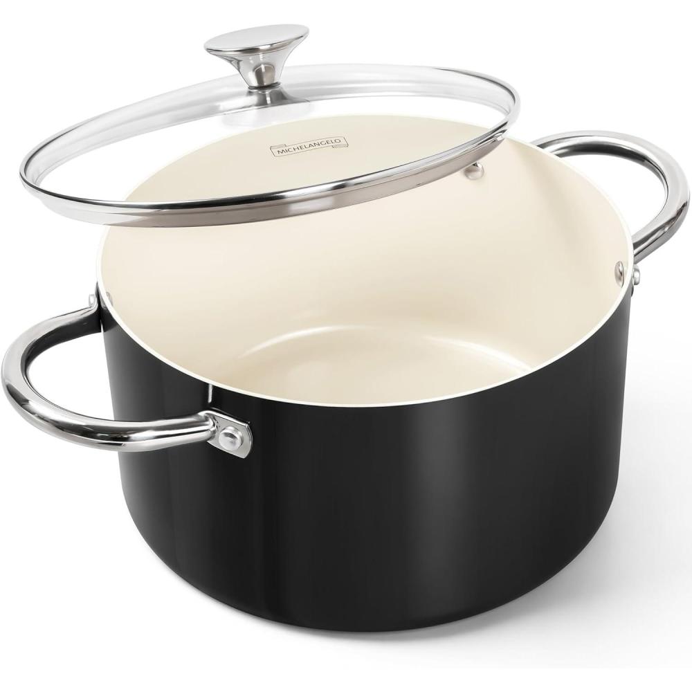 image:imageMICHELANGELO Stock Pot with Lid 6 Quart Cooking Pot with Ceramic Coating Nonstick Ceramic Soup Pot with Lid Induction Compatible  6QT Stockpot BlueBlackCream