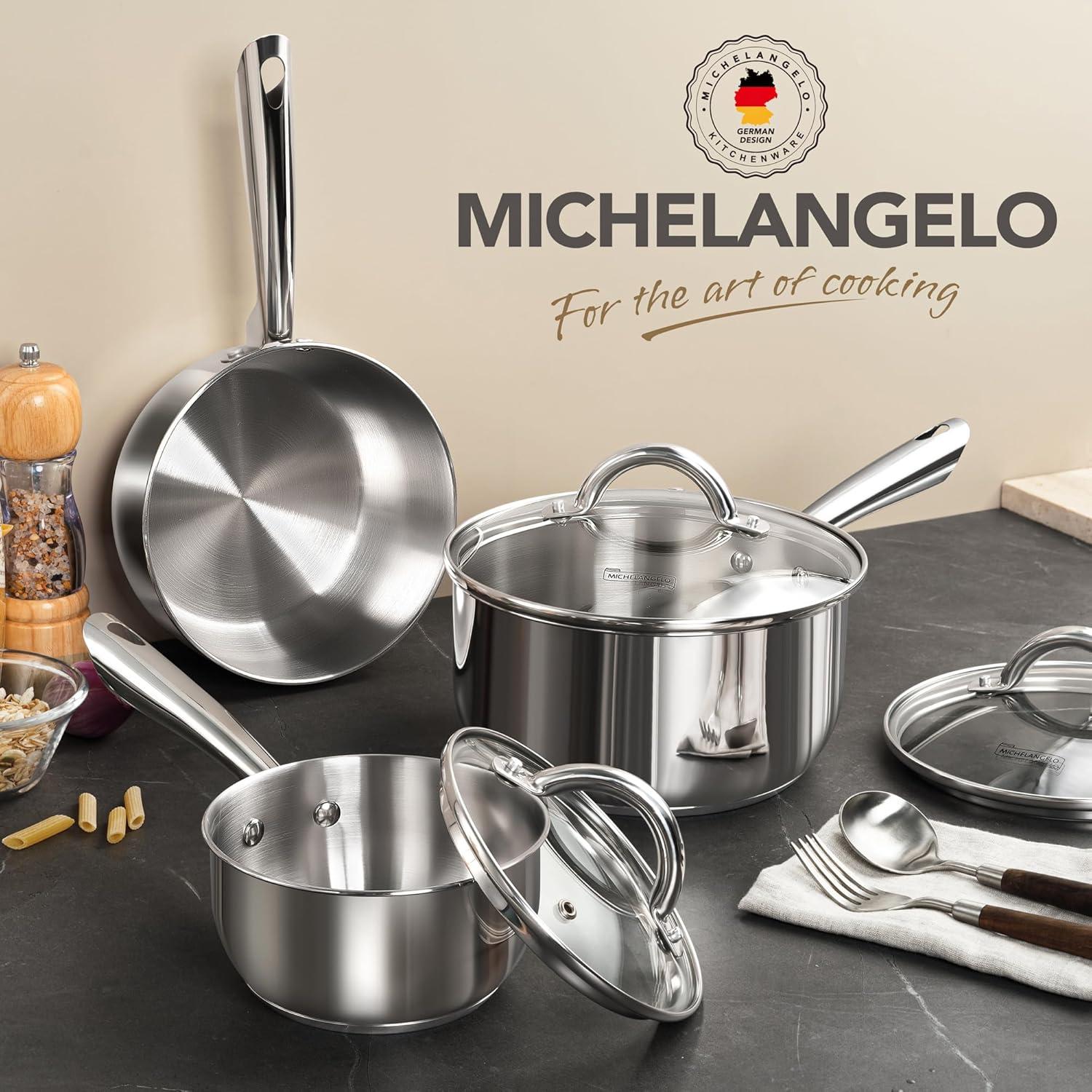 image:imageMICHELANGELO Stainless Steel Pot Set 6 Pcs with Triply Base Stainless Steel Saucepans with Lids Induction Saucepan Set with Staycool Handle 1QT amp 2QT amp 3QT