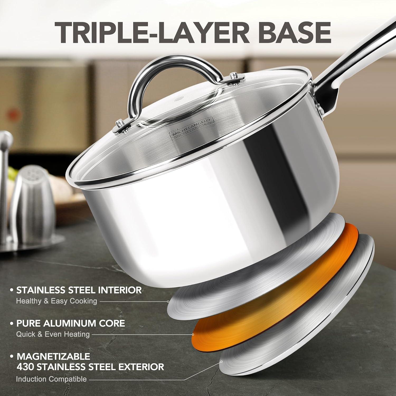 image:imageMICHELANGELO Stainless Steel Pot Set 6 Pcs with Triply Base Stainless Steel Saucepans with Lids Induction Saucepan Set with Staycool Handle 1QT amp 2QT amp 3QT