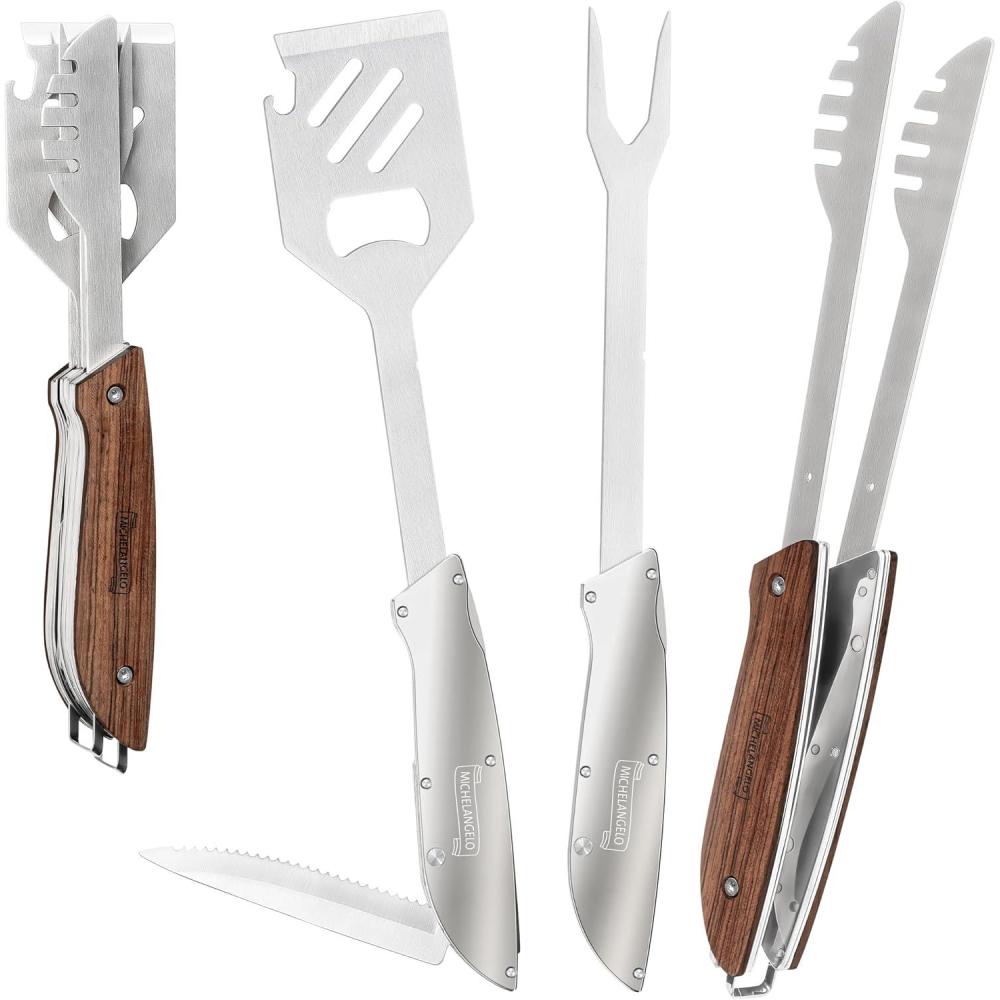 image:imageMICHELANGELO 6 in 1 Grill Tools for Outdoor Grill Camping Grilling Utensil Set with Spatula Tong Fork Steak Knife Bottle amp Can Opener Portable BBQ Tools for Camping