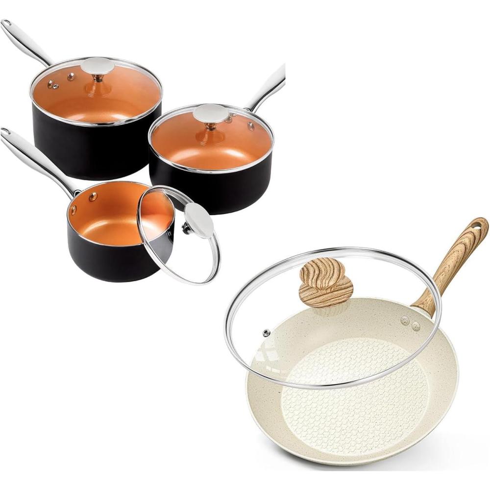 image:imageMICHELANGELO Sauce Pan Set 1 Quart amp 2 Quart amp 3 Quart 10 Inch Frying Pan with Nonstick Granite Coatings